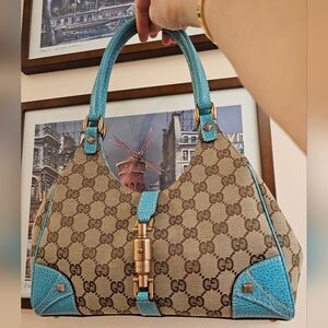 Gucci Beige/Blue GG Canvas and Leather Jackie Hobo